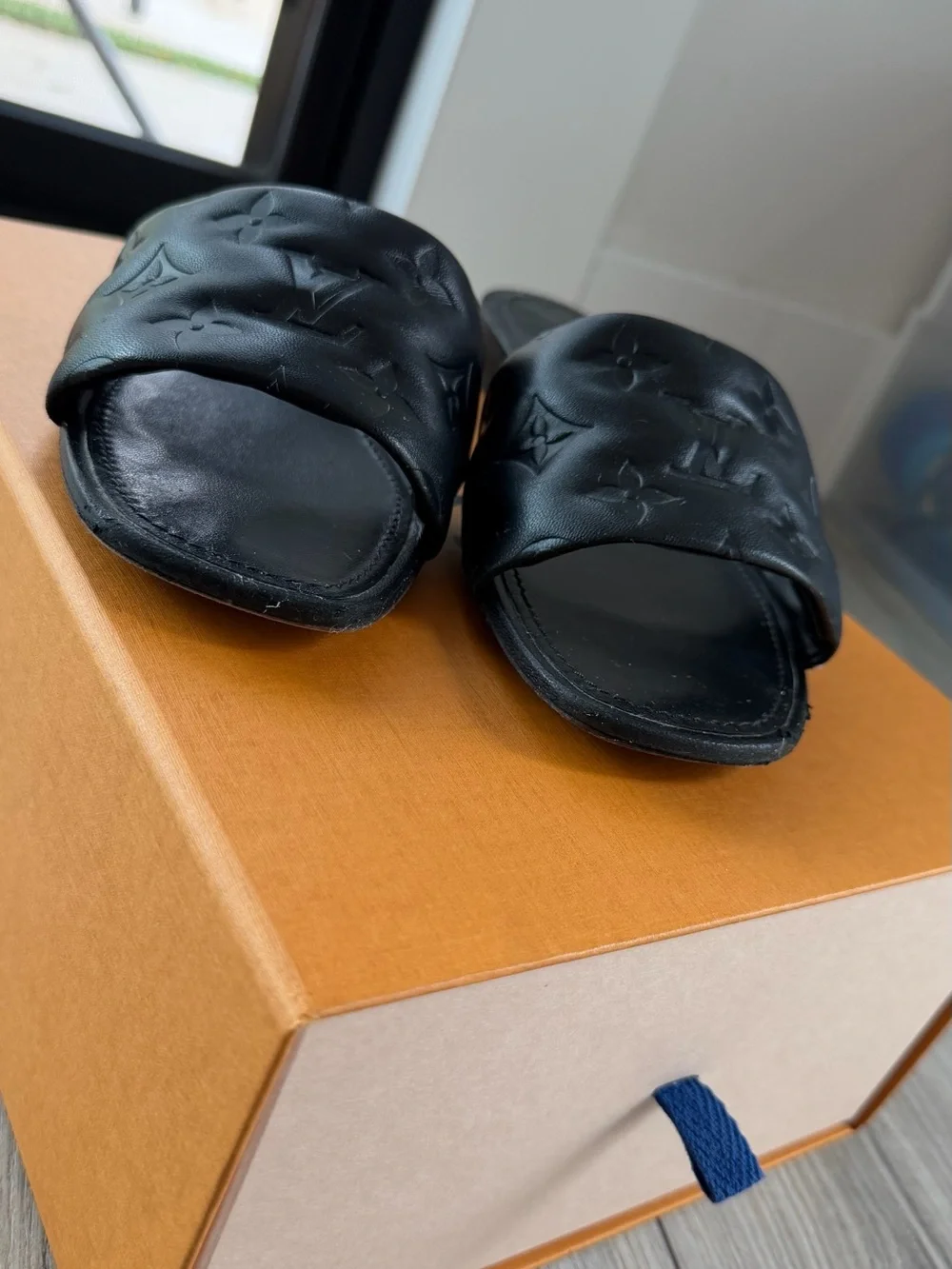 Louis Vuitton Black Embossed Monogram Slide Sandals